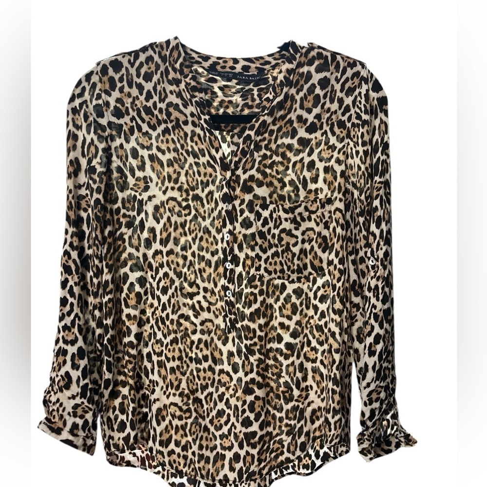 Zara Brown and Black Graphic Blouse with Mandarin Collar